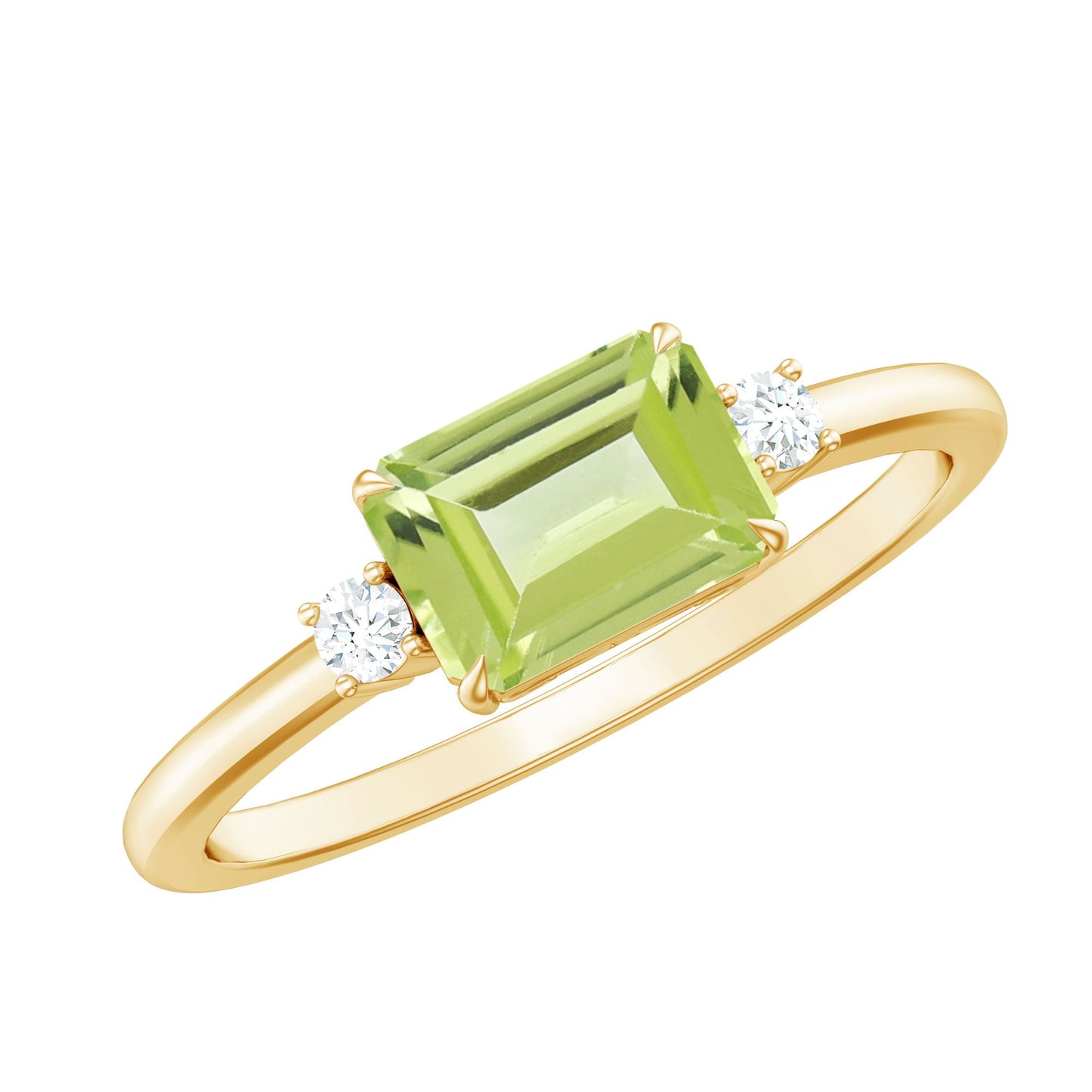 Real 1.8 Carat Peridot Emerald Cut Engagement Ring with Diamond in East West Style