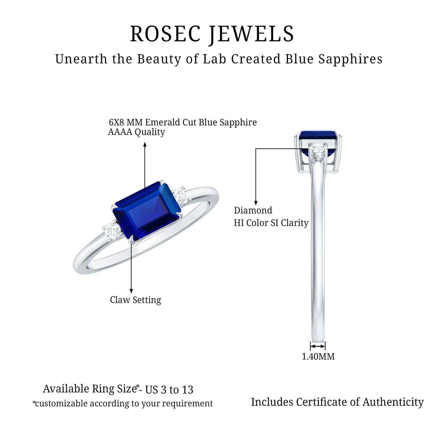 Octagon Cut Created Blue Sapphire East West Engagement Ring with Diamond