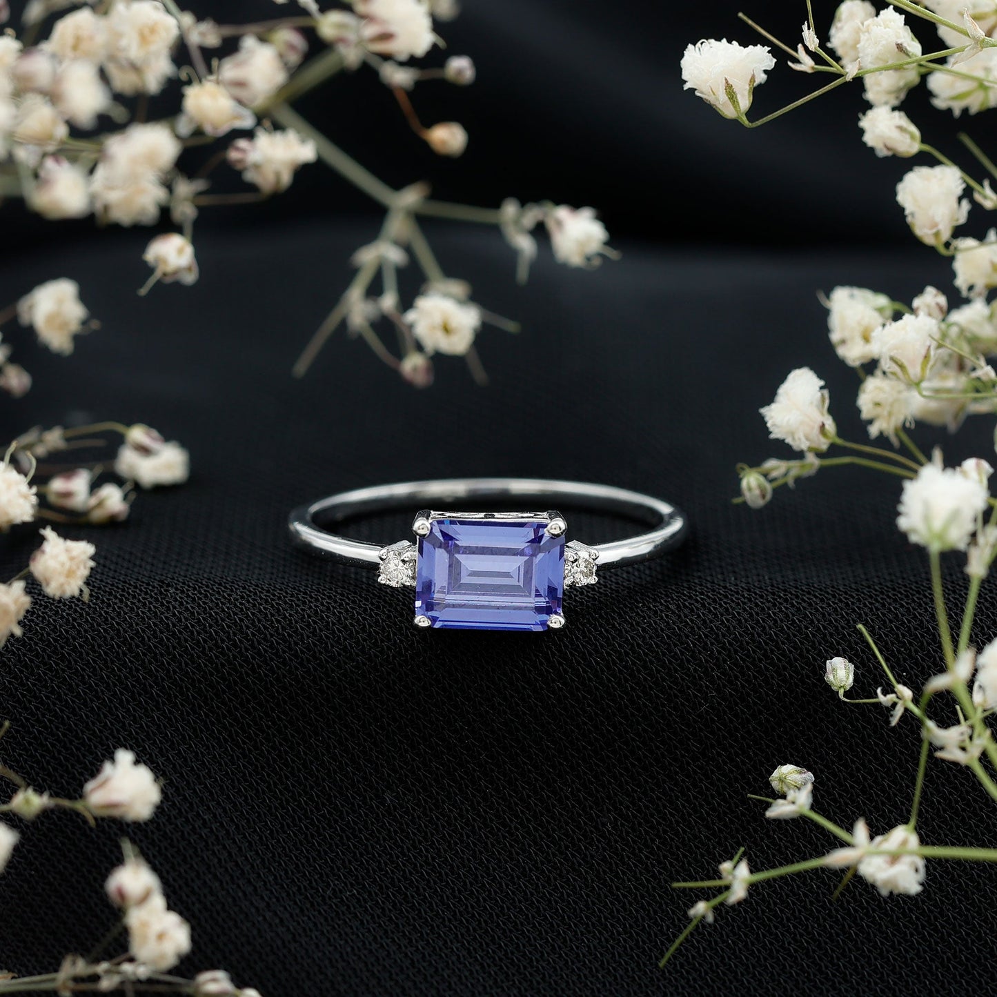 Octagon Cut Created Blue Sapphire East West Engagement Ring with Diamond