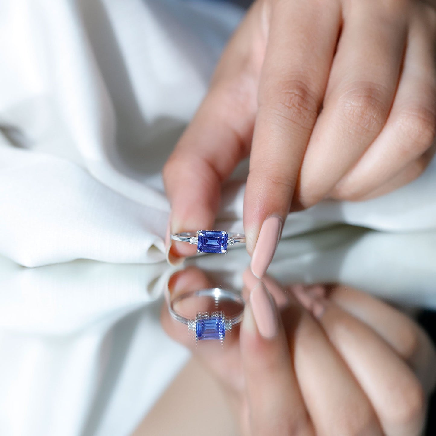 Octagon Cut Created Blue Sapphire East West Engagement Ring with Diamond