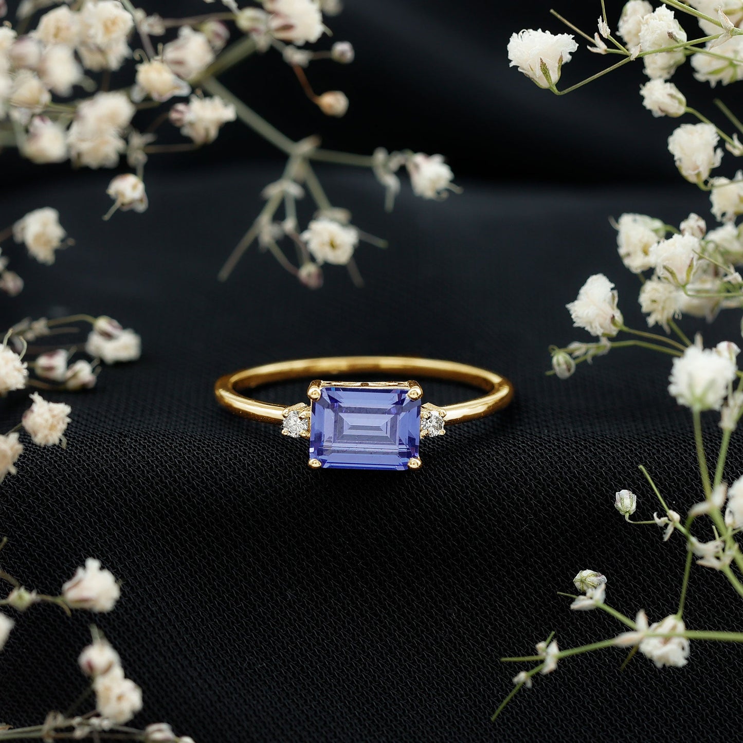 Octagon Cut Created Blue Sapphire East West Engagement Ring with Diamond