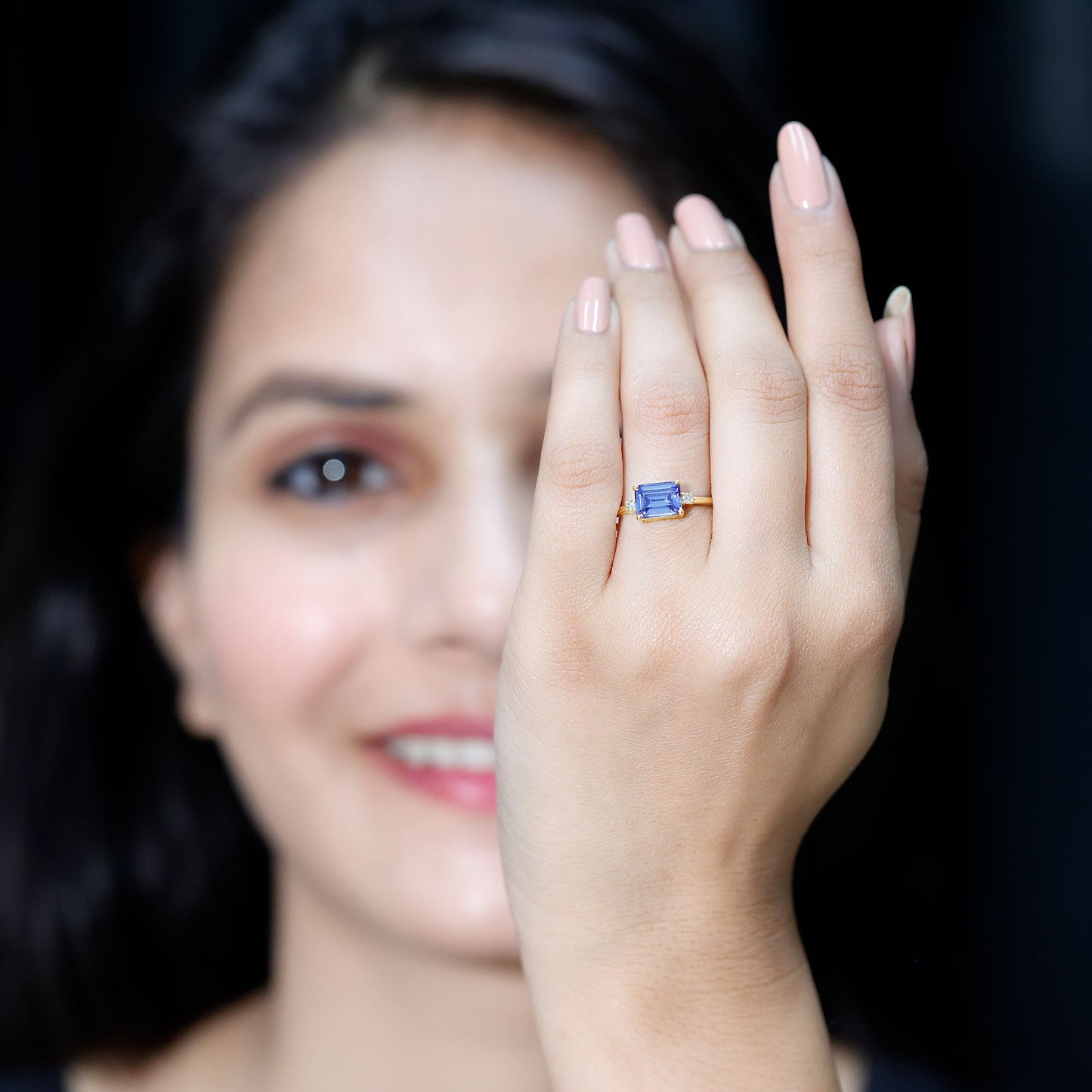 Octagon Cut Created Blue Sapphire East West Engagement Ring with Diamond