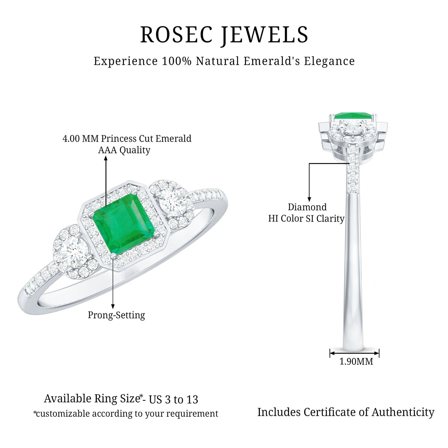 Princess Cut Emerald Classic Vintage Engagement Ring Diamond