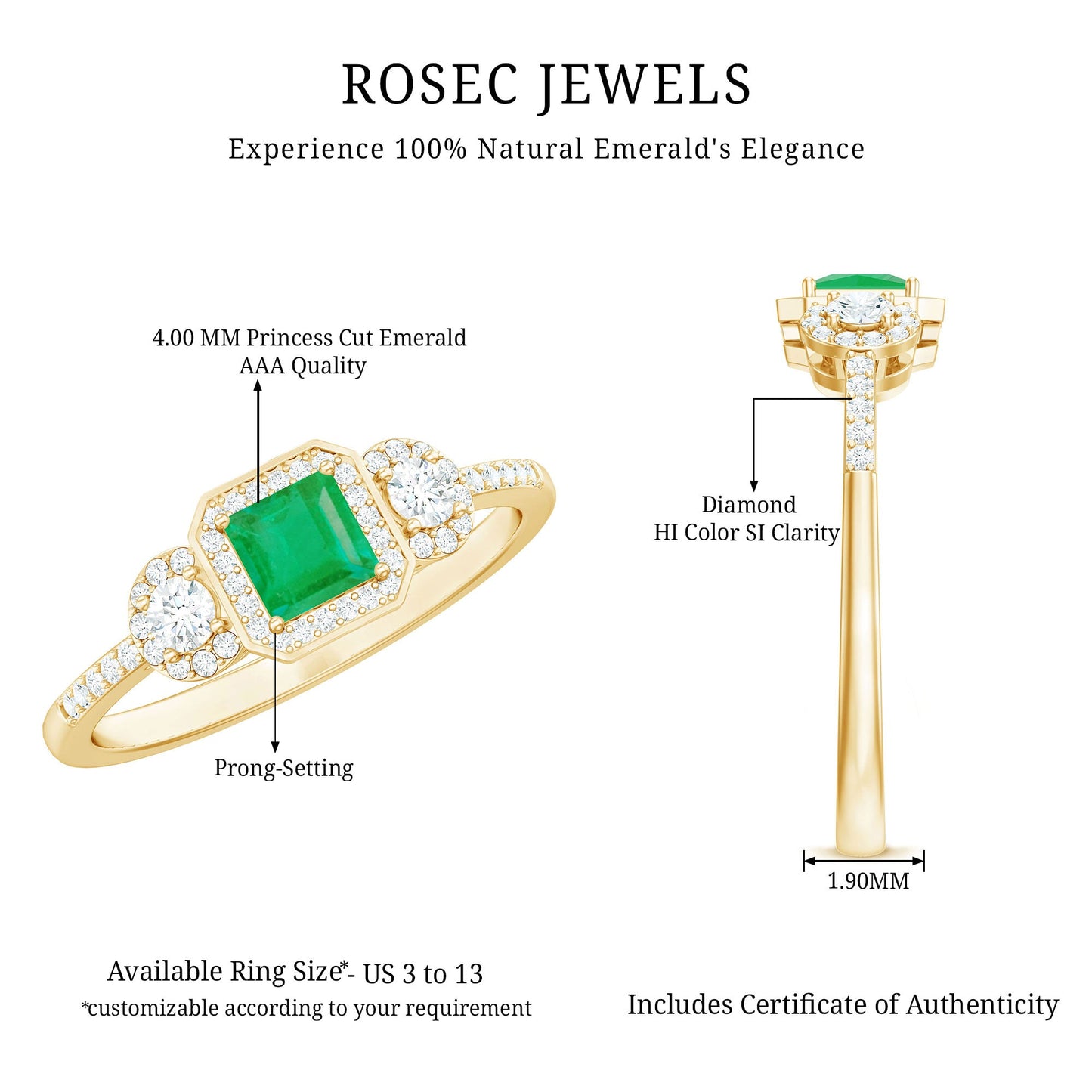 Princess Cut Emerald Classic Vintage Engagement Ring Diamond