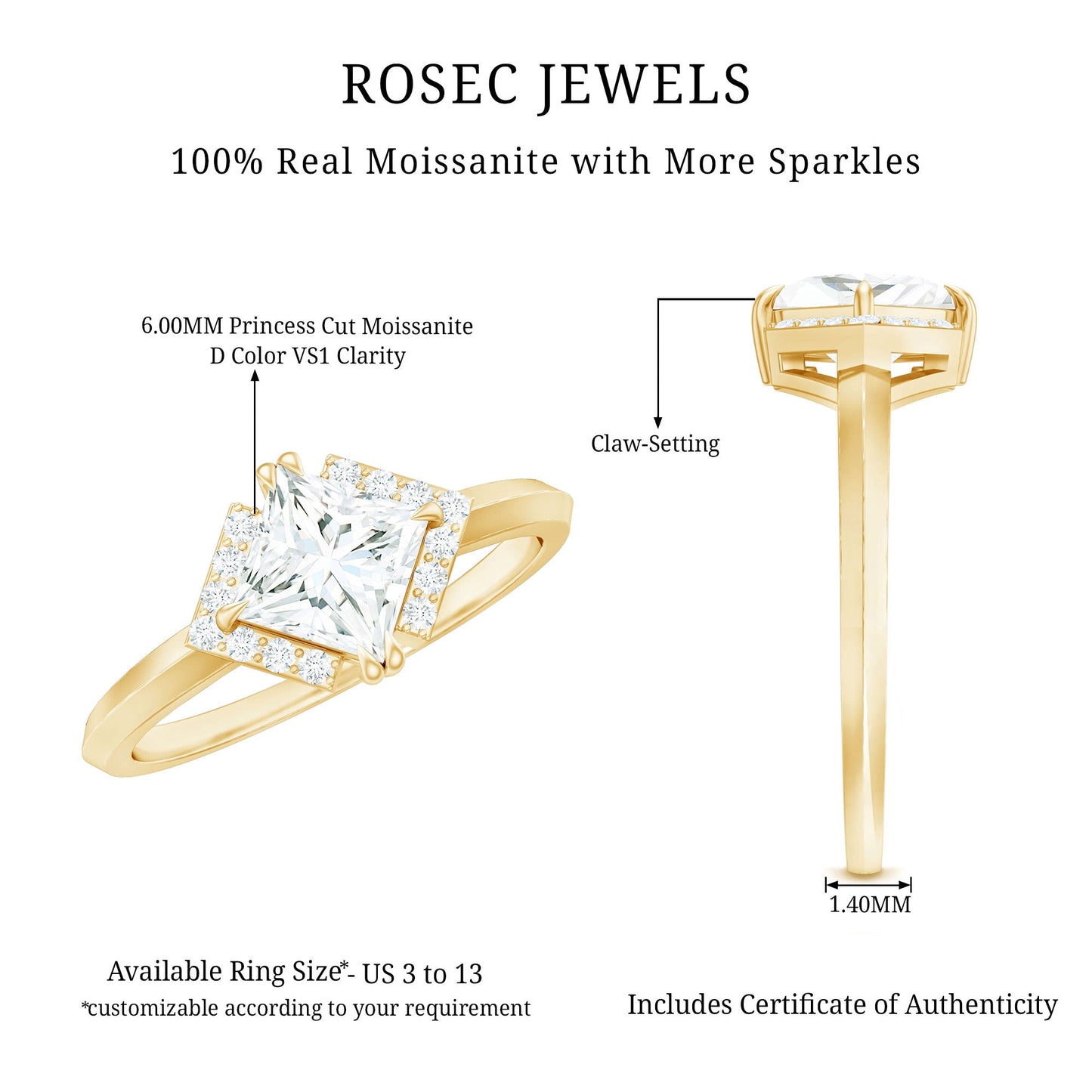 Princess Cut Certified Moissanite Halo Engagement Ring