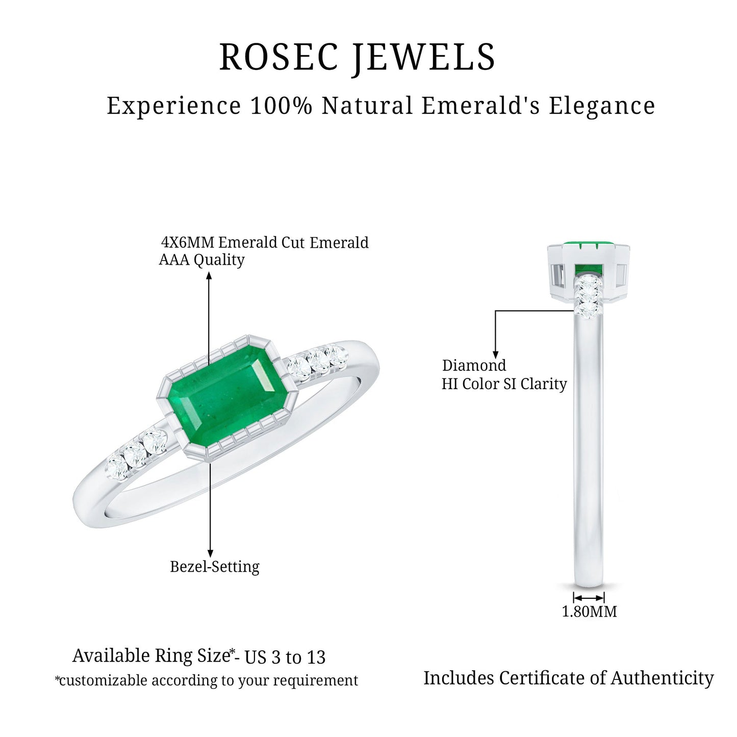 Natural Emerald Diamond Emerald Cut Engagement Ring in East West Style