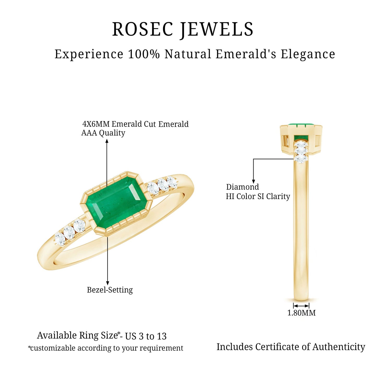 Natural Emerald Diamond Emerald Cut Engagement Ring in East West Style