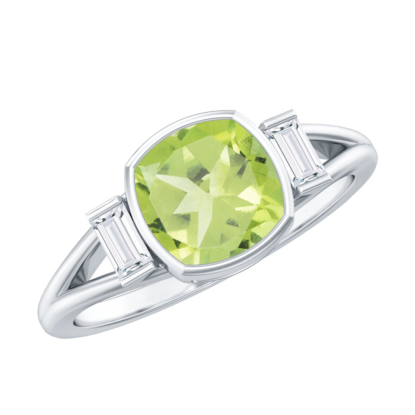 Natural 2 Carat Peridot Cushion Cut Engagement Ring with Diamond
