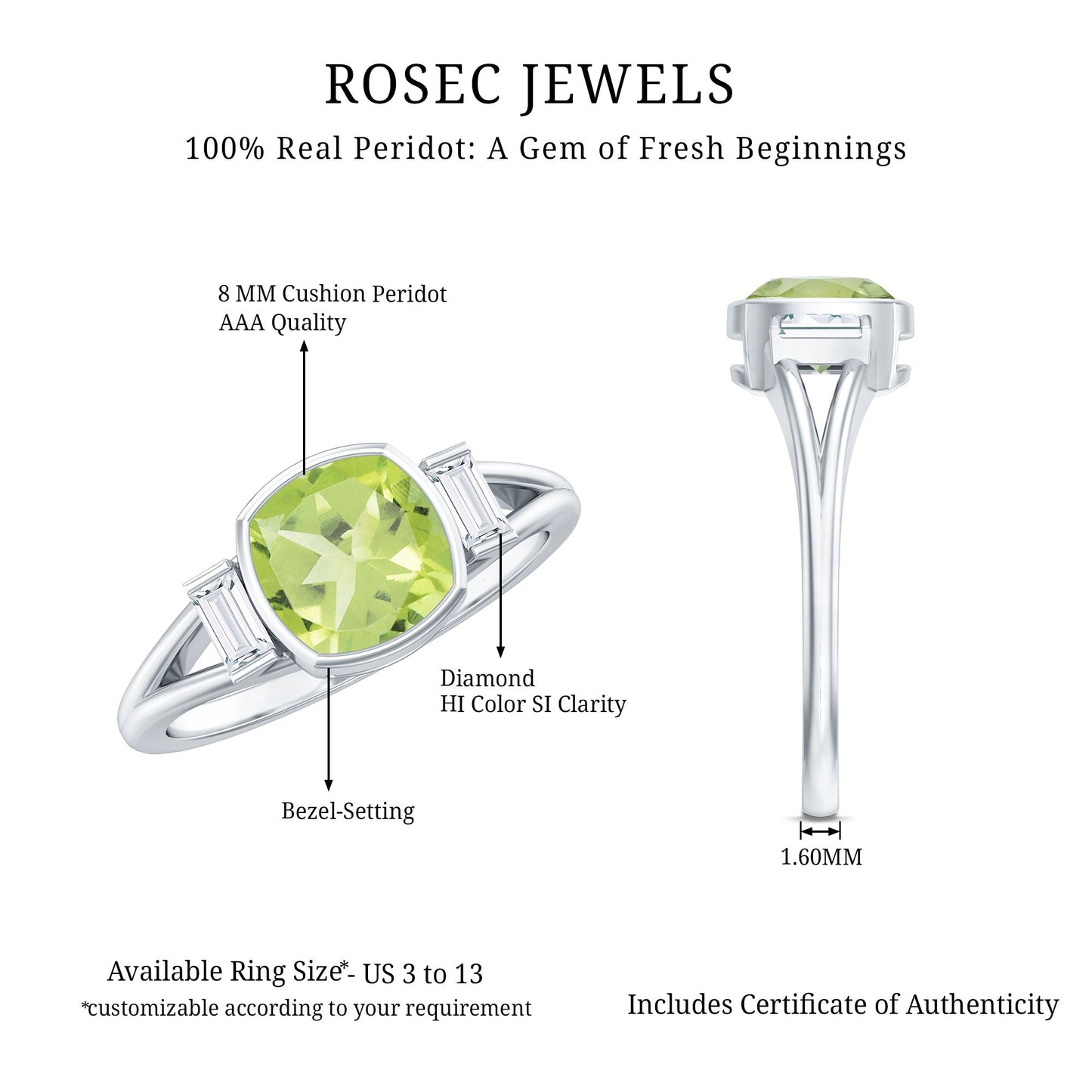 Natural 2 Carat Peridot Cushion Cut Engagement Ring with Diamond