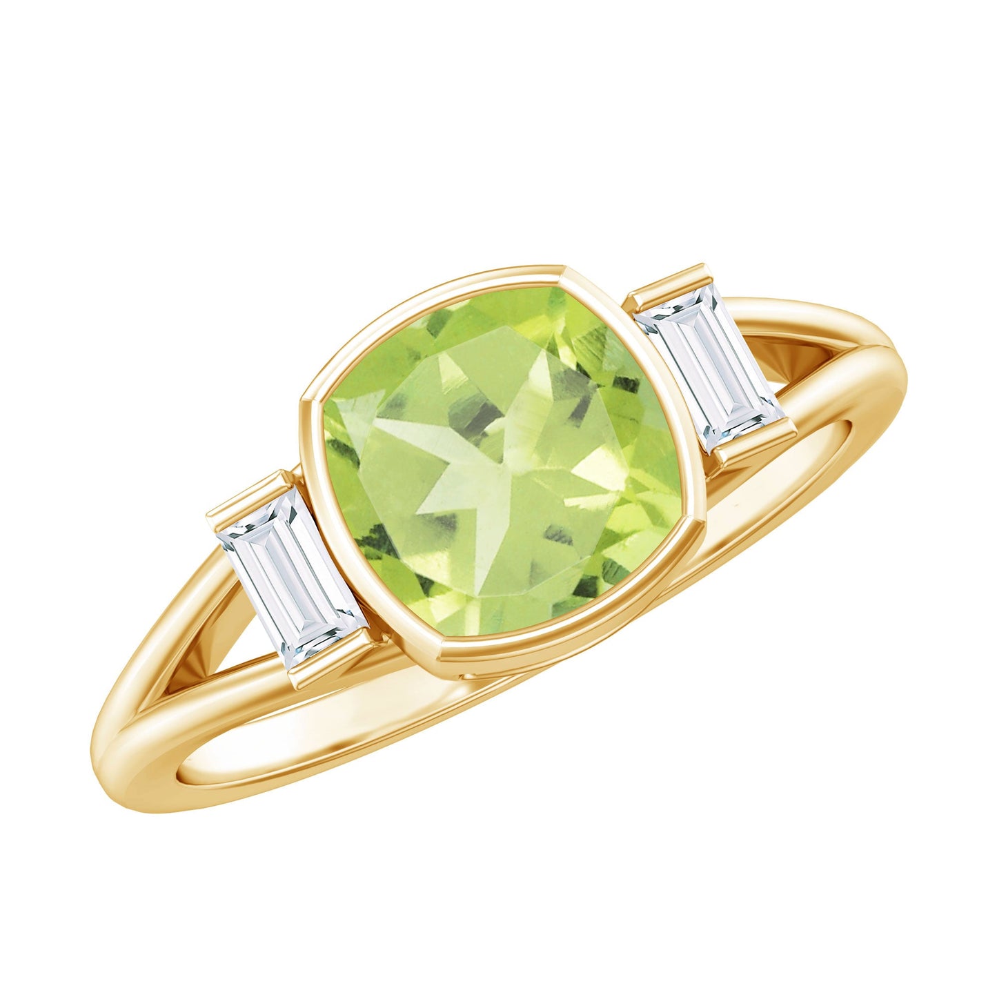 Natural 2 Carat Peridot Cushion Cut Engagement Ring with Diamond