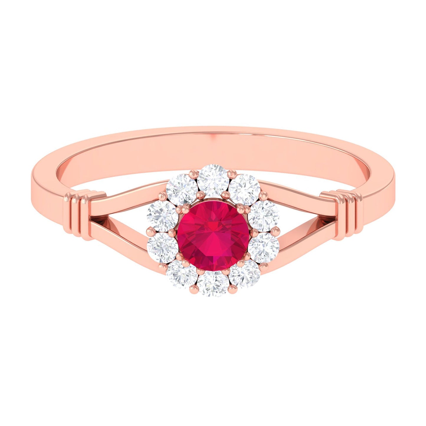 Minimal Ruby Diamond Halo Engagement Ring with Split Shank