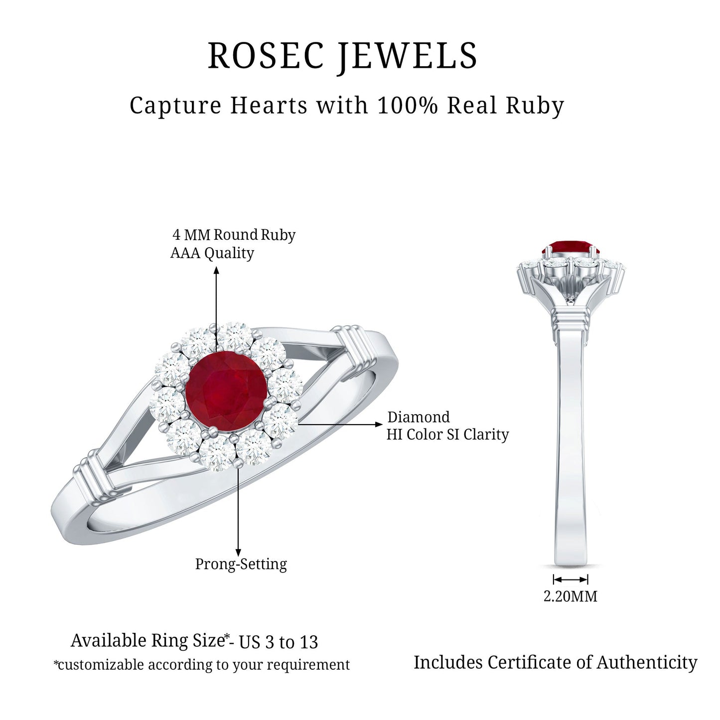 Minimal Ruby Diamond Halo Engagement Ring with Split Shank