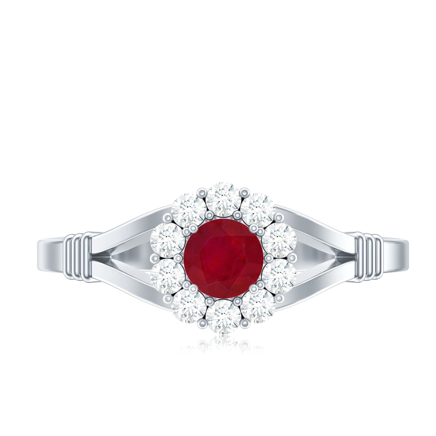 Minimal Ruby Diamond Halo Engagement Ring with Split Shank