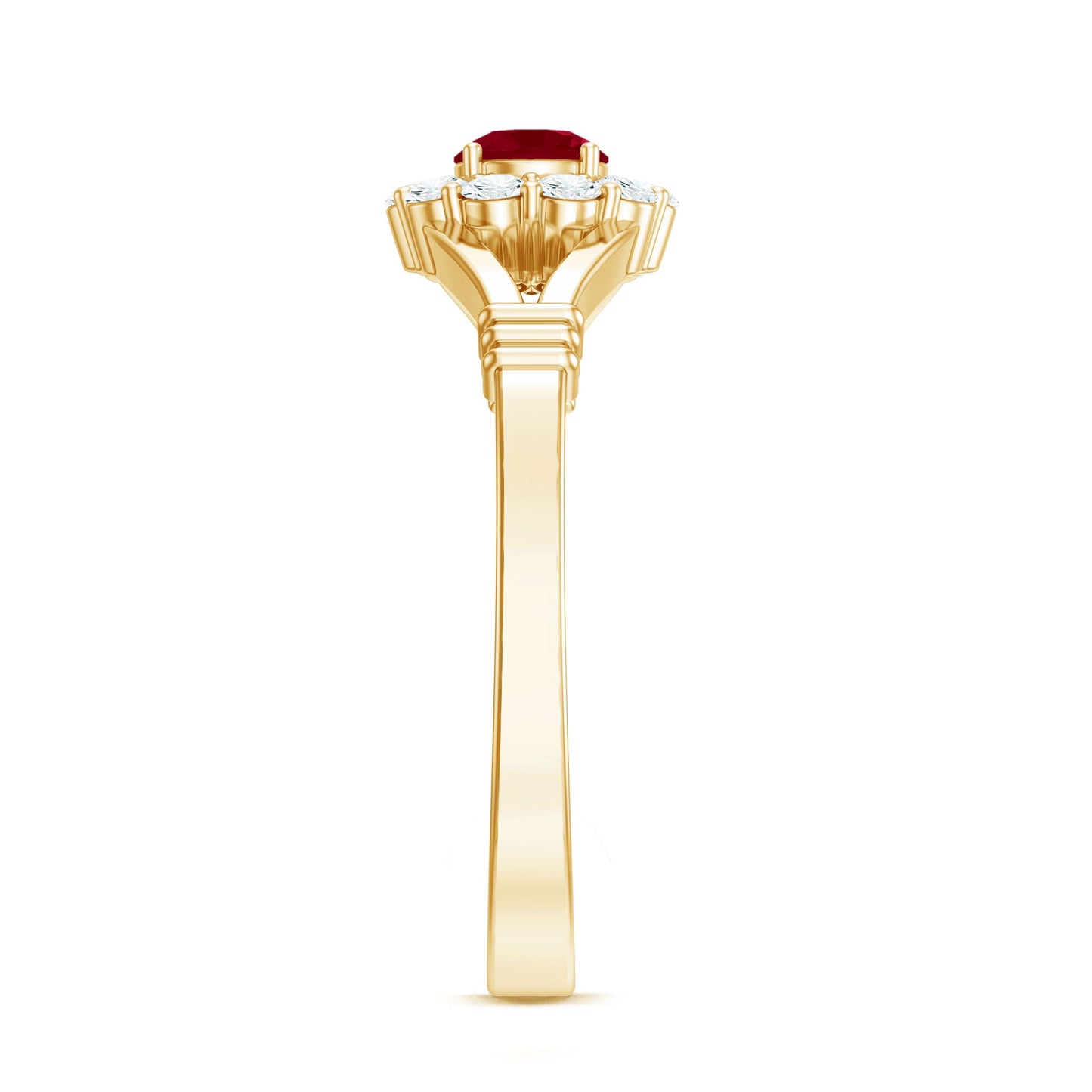 Minimal Ruby Diamond Halo Engagement Ring with Split Shank