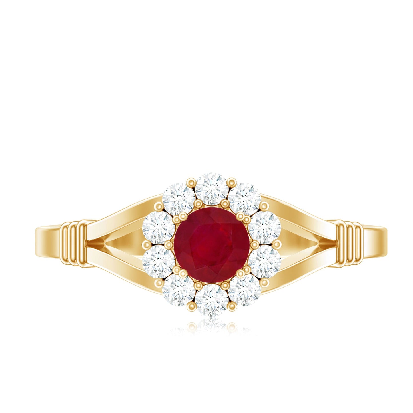 Minimal Ruby Diamond Halo Engagement Ring with Split Shank