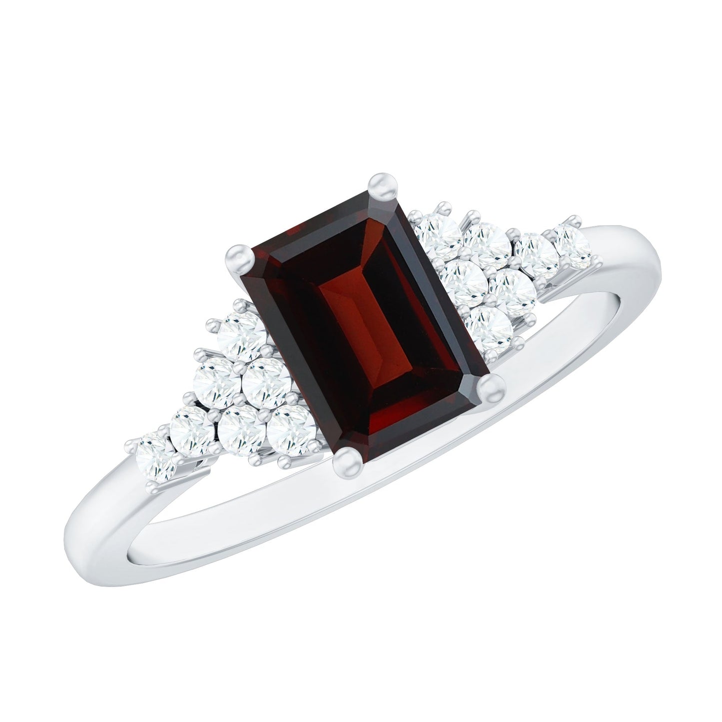 Natural Red Garnet Emerald Cut Engagement Ring with Diamond