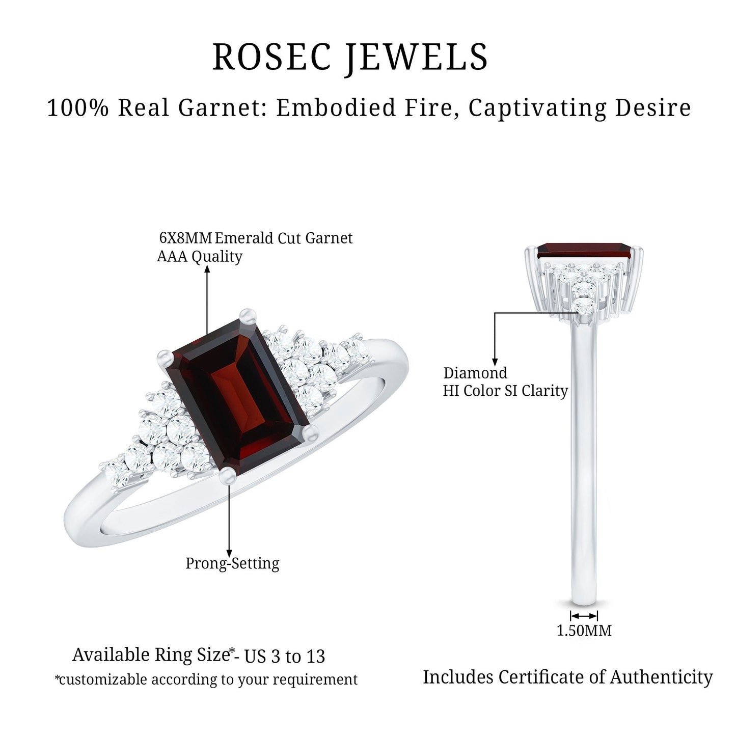 Natural Red Garnet Emerald Cut Engagement Ring with Diamond