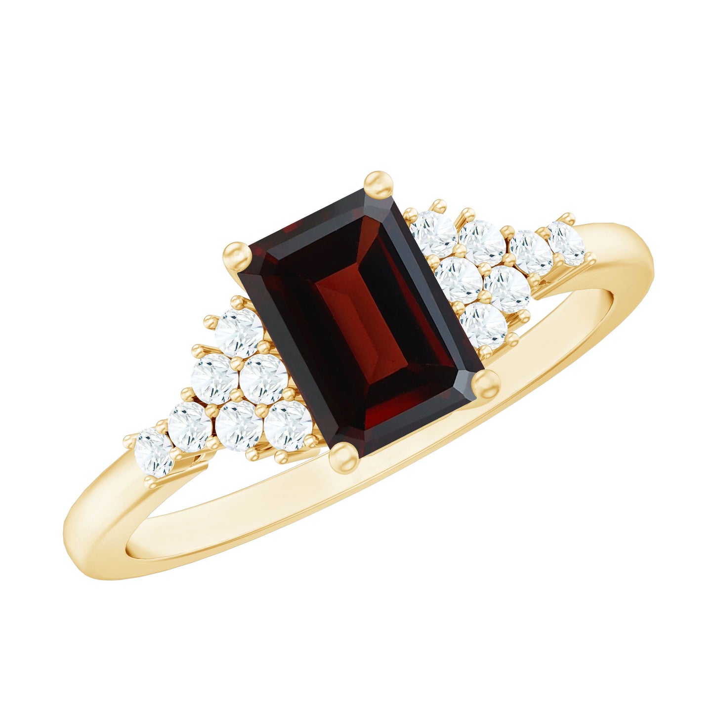 Natural Red Garnet Emerald Cut Engagement Ring with Diamond