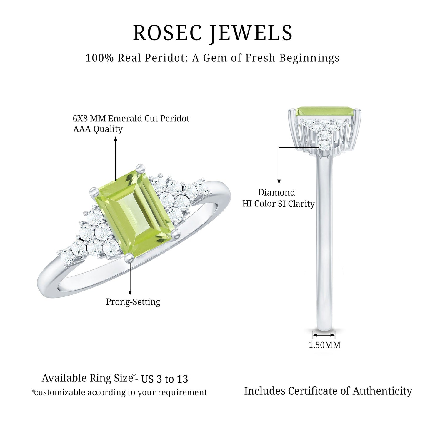 Natural 1.8 Carat Peridot Emerald Cut Engagement Ring with Diamond Side Stones