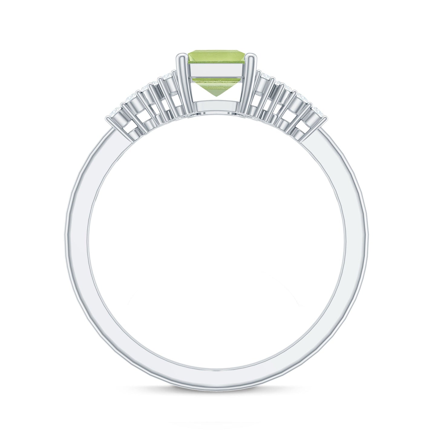 Natural 1.8 Carat Peridot Emerald Cut Engagement Ring with Diamond Side Stones