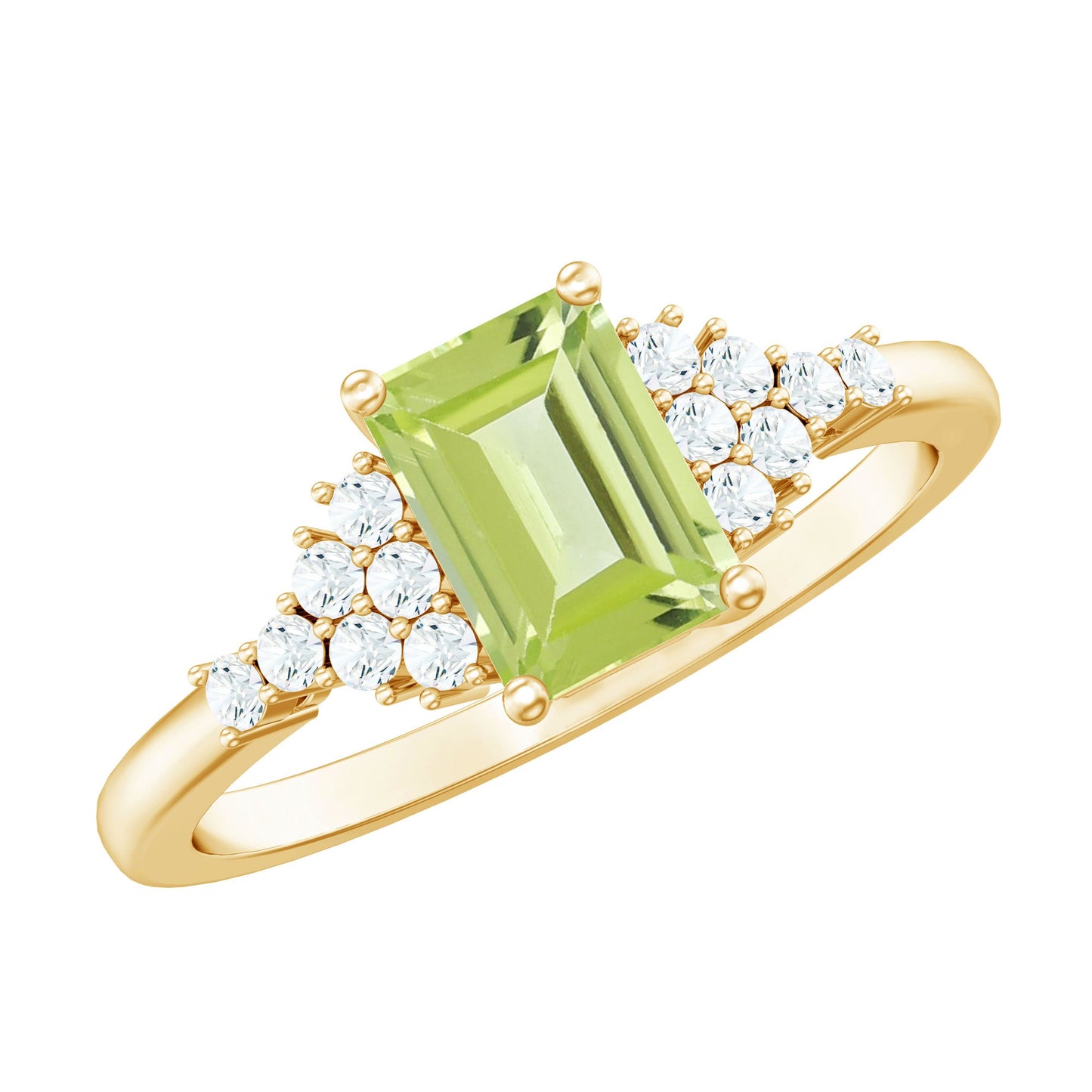 Natural 1.8 Carat Peridot Emerald Cut Engagement Ring with Diamond Side Stones