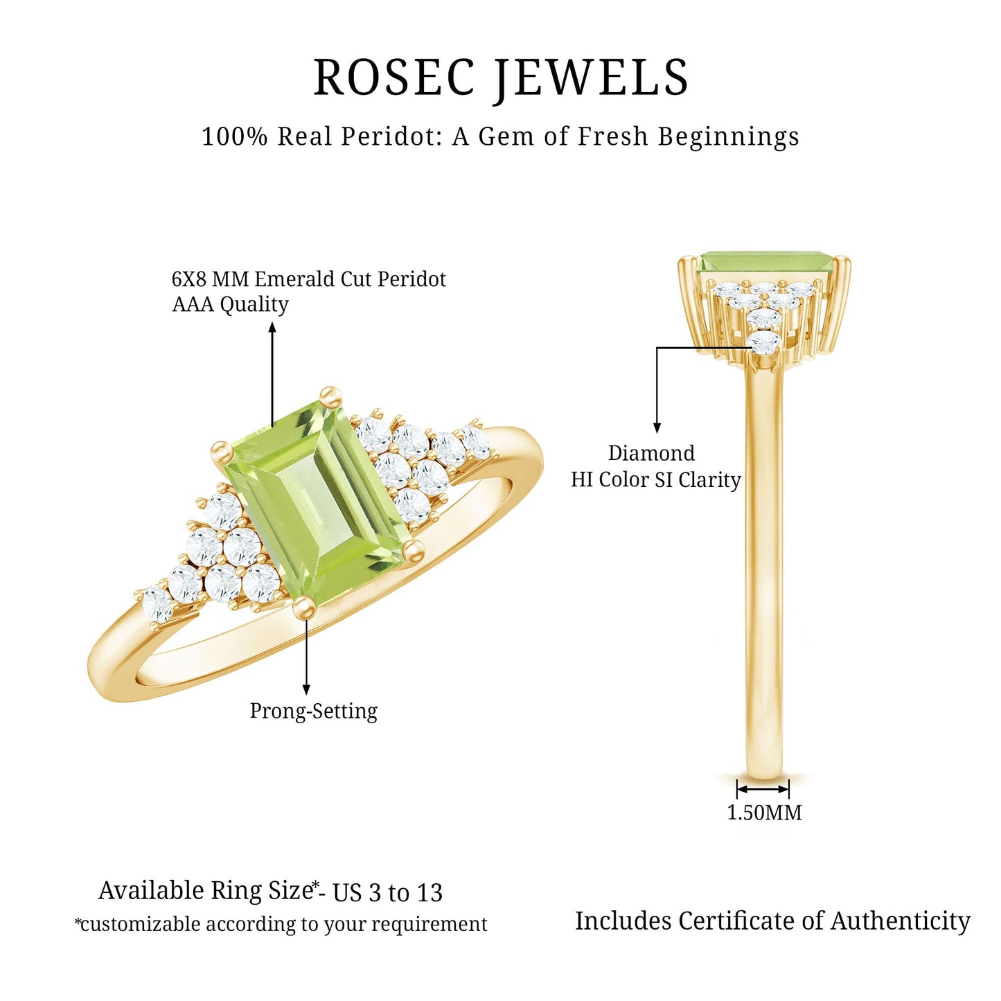 Natural 1.8 Carat Peridot Emerald Cut Engagement Ring with Diamond Side Stones