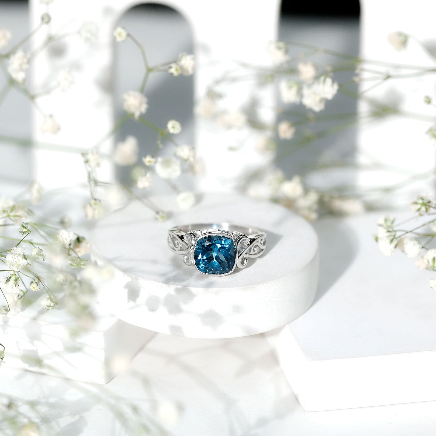 2.8 Carat Cushion Cut London Blue Topaz Vintage Solitaire Ring