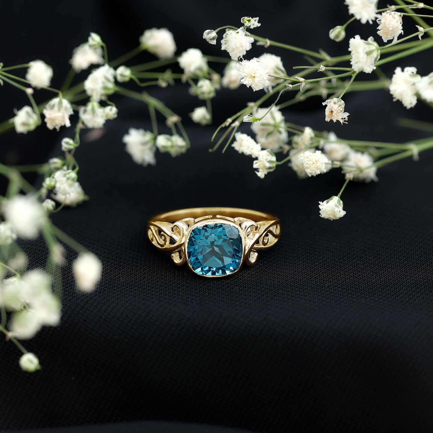2.8 Carat Cushion Cut London Blue Topaz Vintage Solitaire Ring