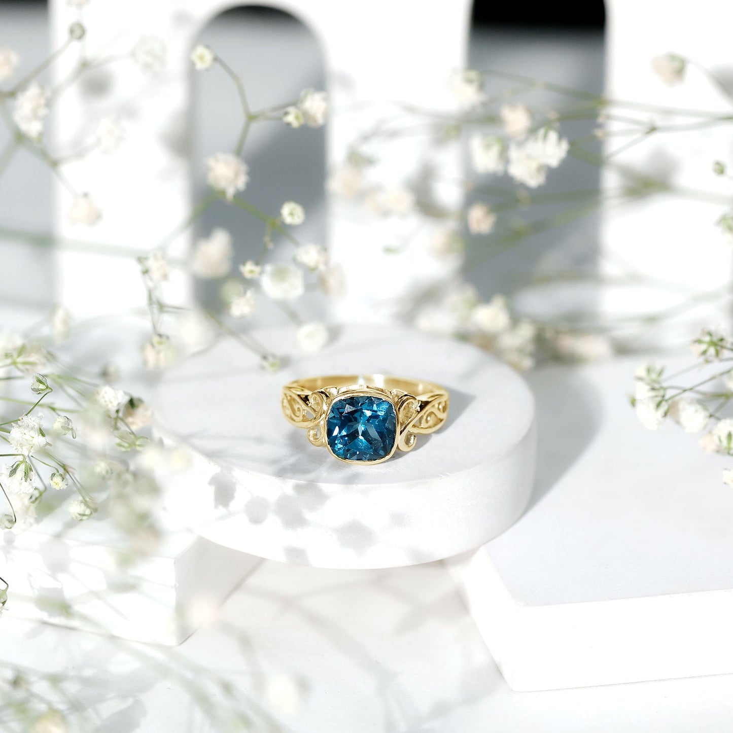 2.8 Carat Cushion Cut London Blue Topaz Vintage Solitaire Ring