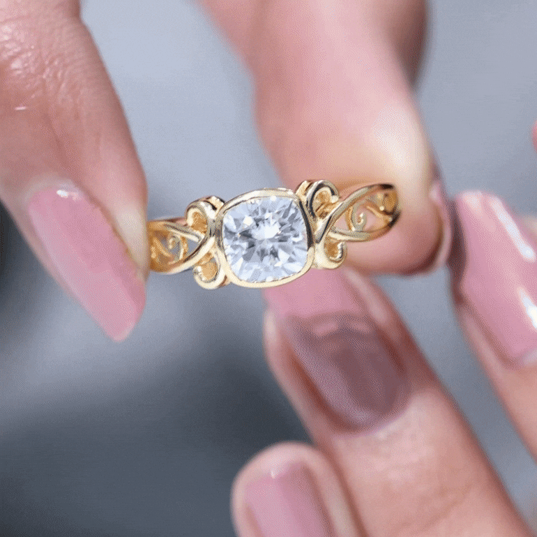 Vintage Style Cushion Moissanite Solitaire Ring in Bezel Setting