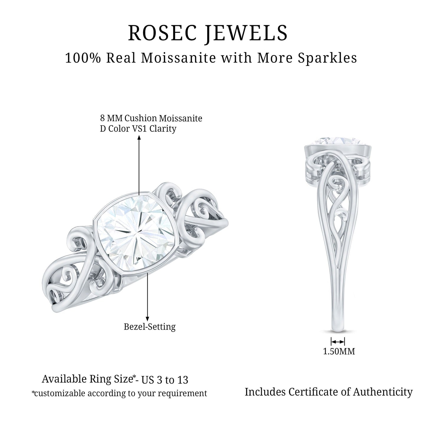 Vintage Style Cushion Moissanite Solitaire Ring in Bezel Setting