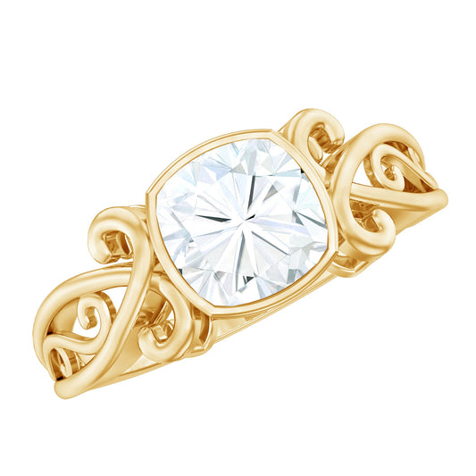 Vintage Style Cushion Moissanite Solitaire Ring in Bezel Setting