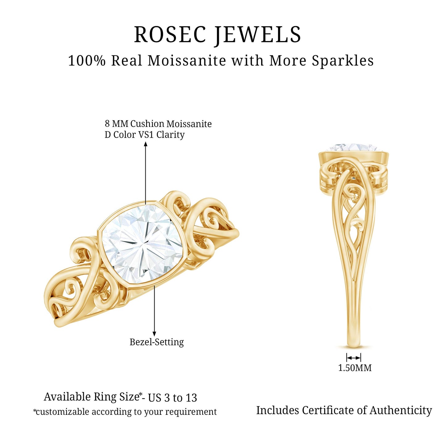Vintage Style Cushion Moissanite Solitaire Ring in Bezel Setting