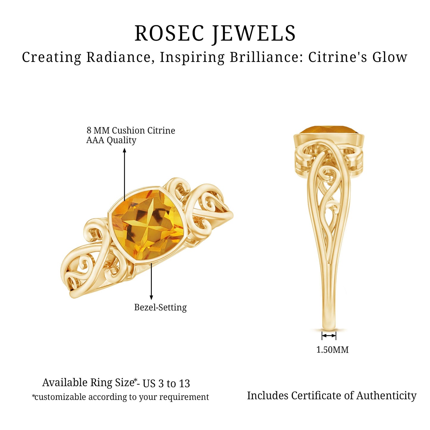 Vintage Inspired Citrine Engagement Ring in Bezel Setting