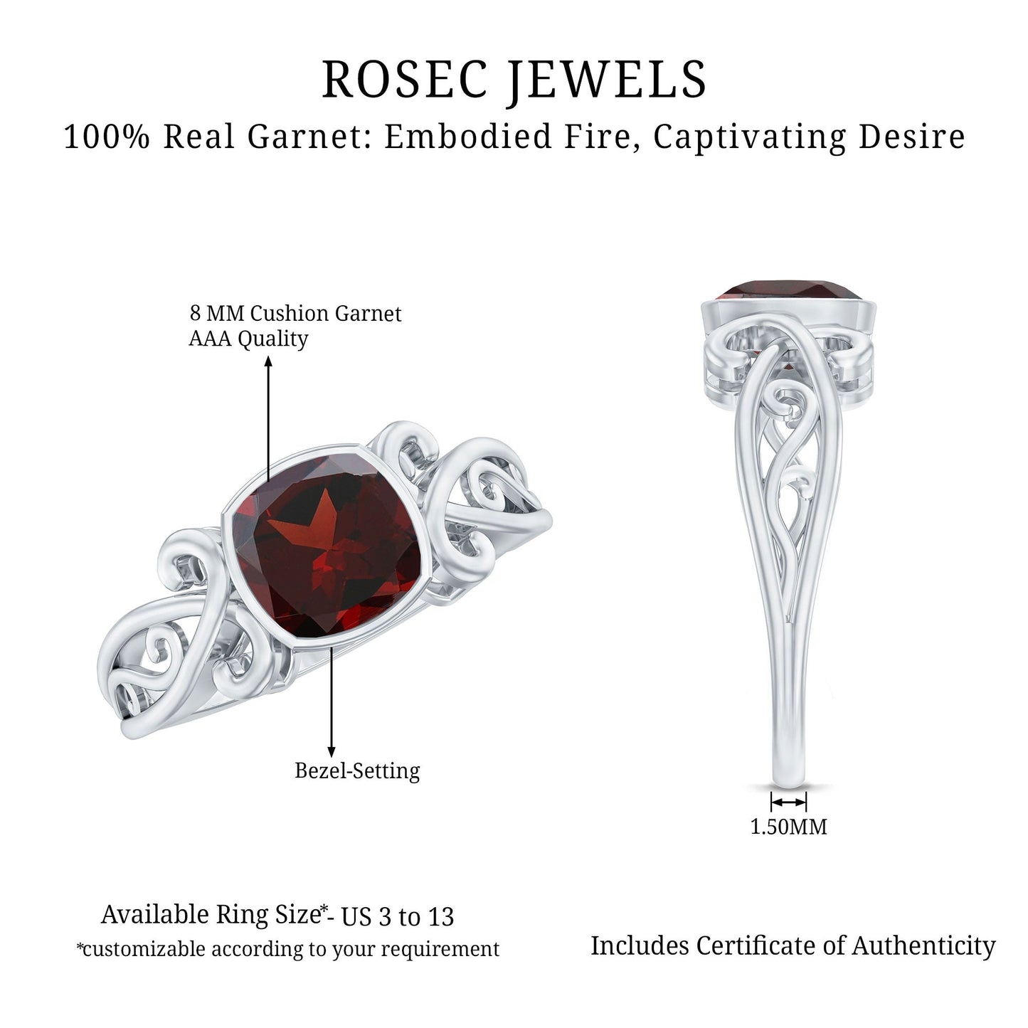 Vintage Looking Garnet Cushion Cut Engagement Ring