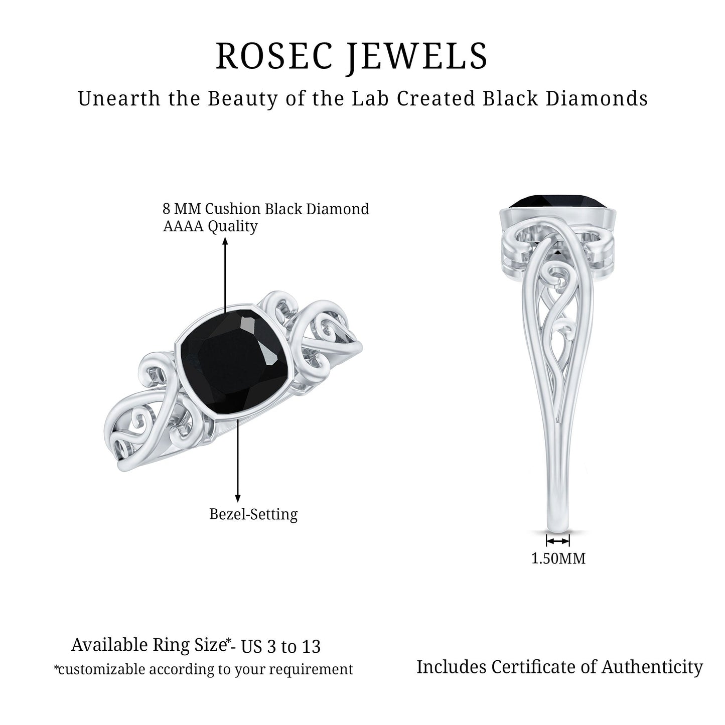 Vintage Style 2.8 Carat Lab Grown Black Diamond Cushion Cut Engagement Ring