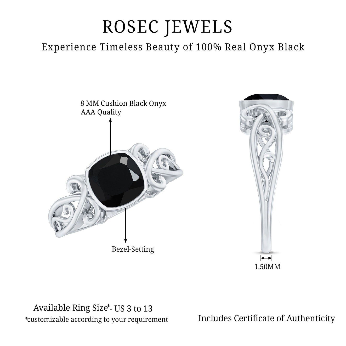 2 Carat Cushion Cut Black Onyx Vintage Engagement Ring For Women