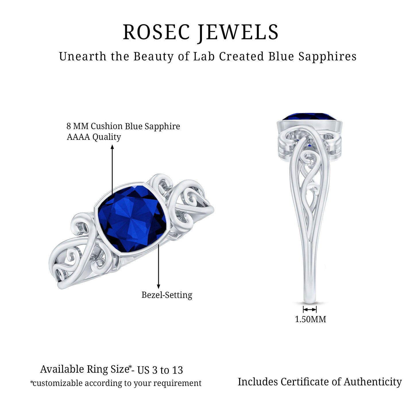 Vintage Style 2.75 Carat Cushion Cut Lab Grown Blue Sapphire Engagement Ring