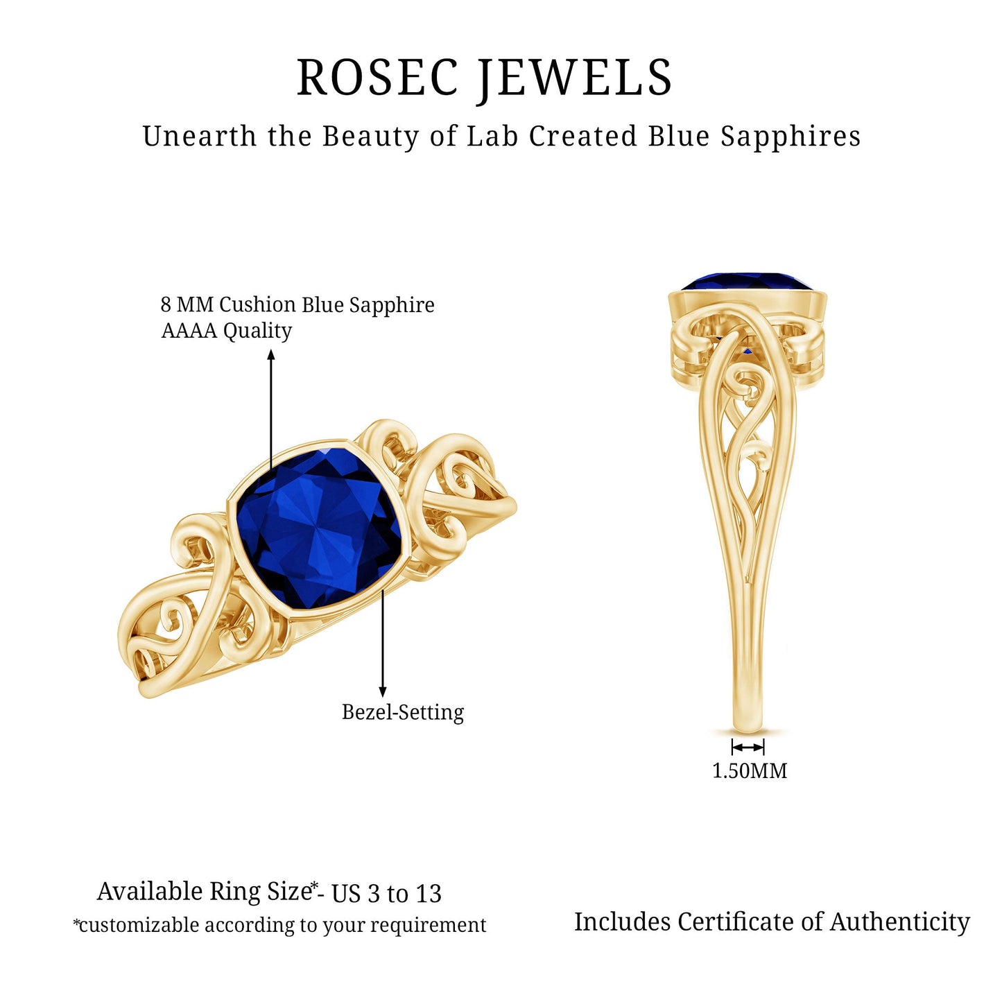 Vintage Style 2.75 Carat Cushion Cut Lab Grown Blue Sapphire Engagement Ring