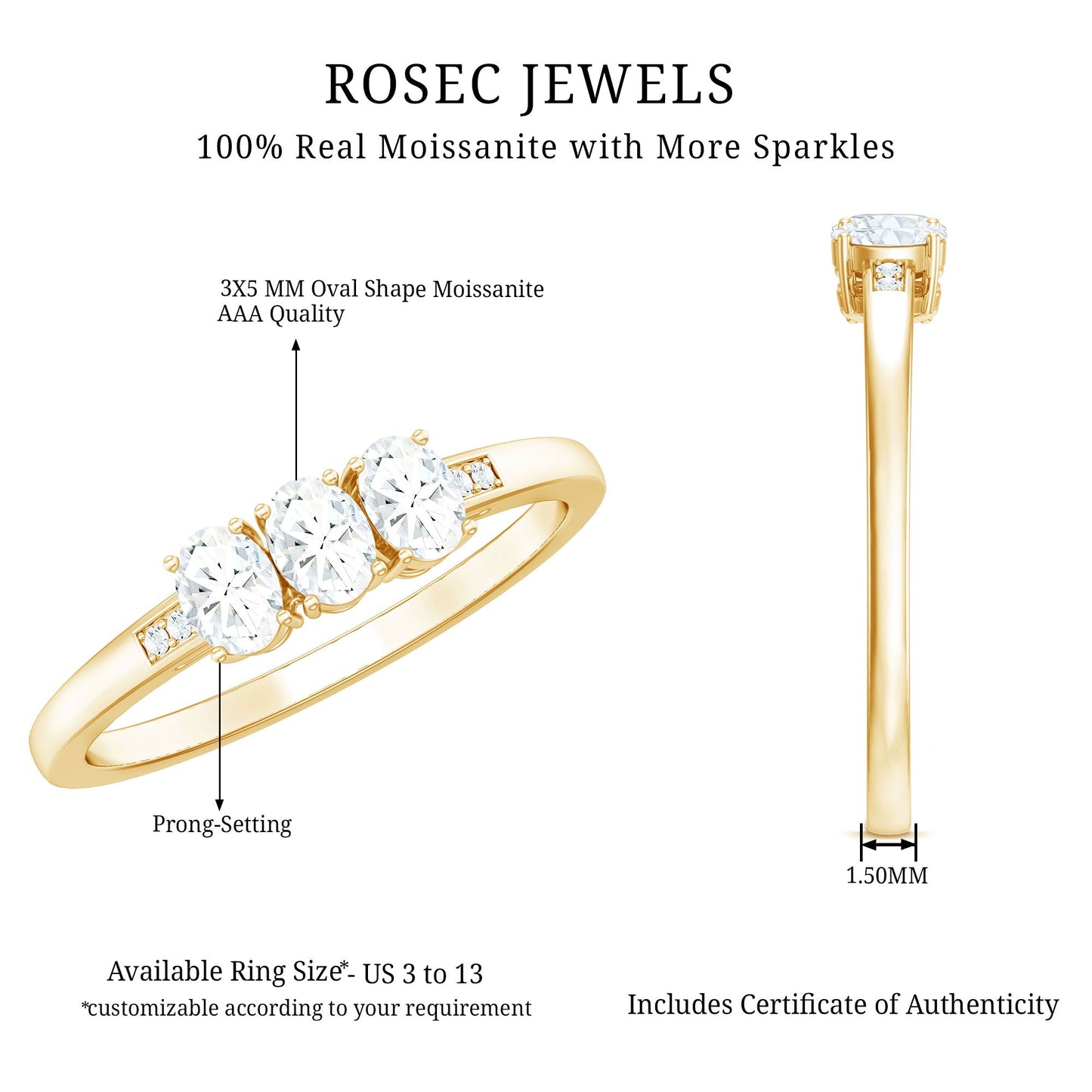 Oval Shaped Moissanite Three Stone Ring for Women
