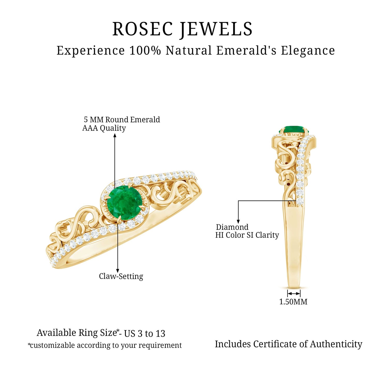 Vintage Style Emerald Engagement Ring with Diamond Bypass Shank