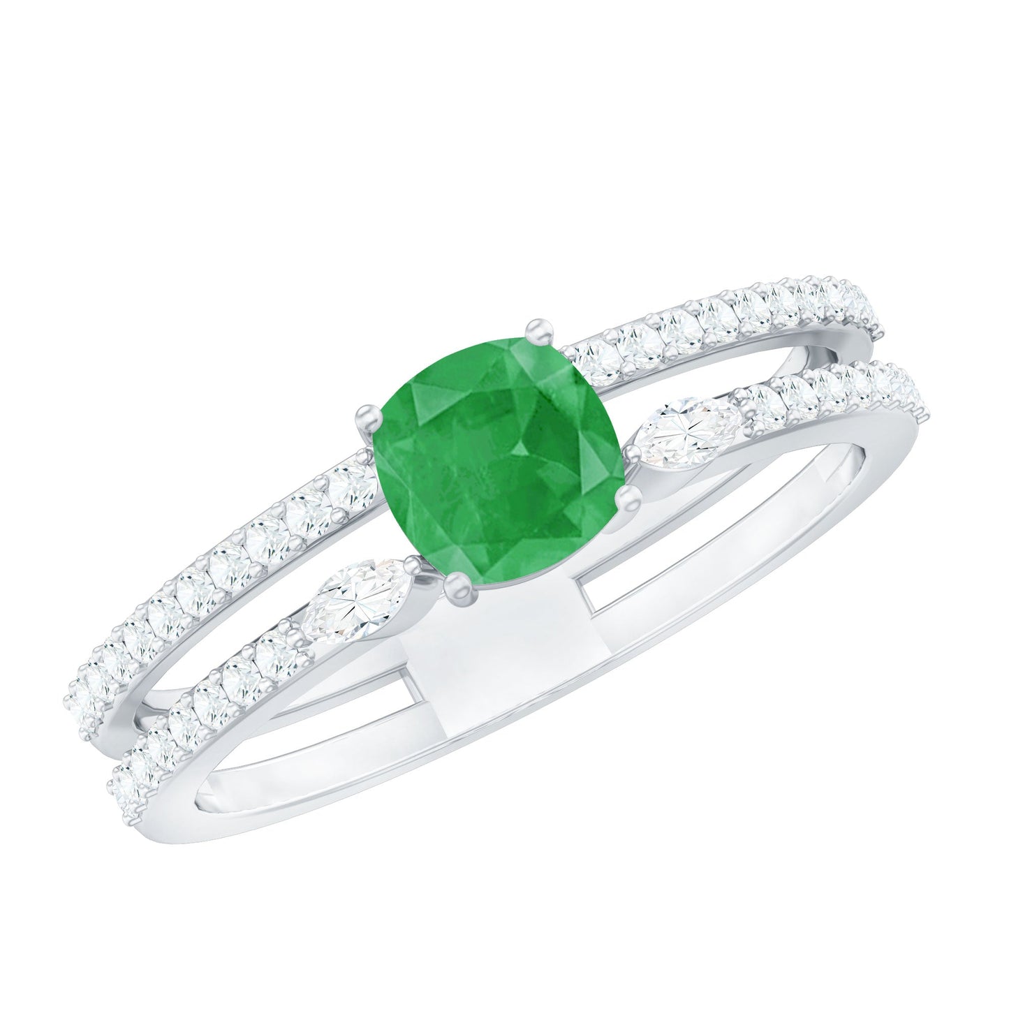 Natural Cushion Cut Emerald Diamond Double Band Engagement Ring