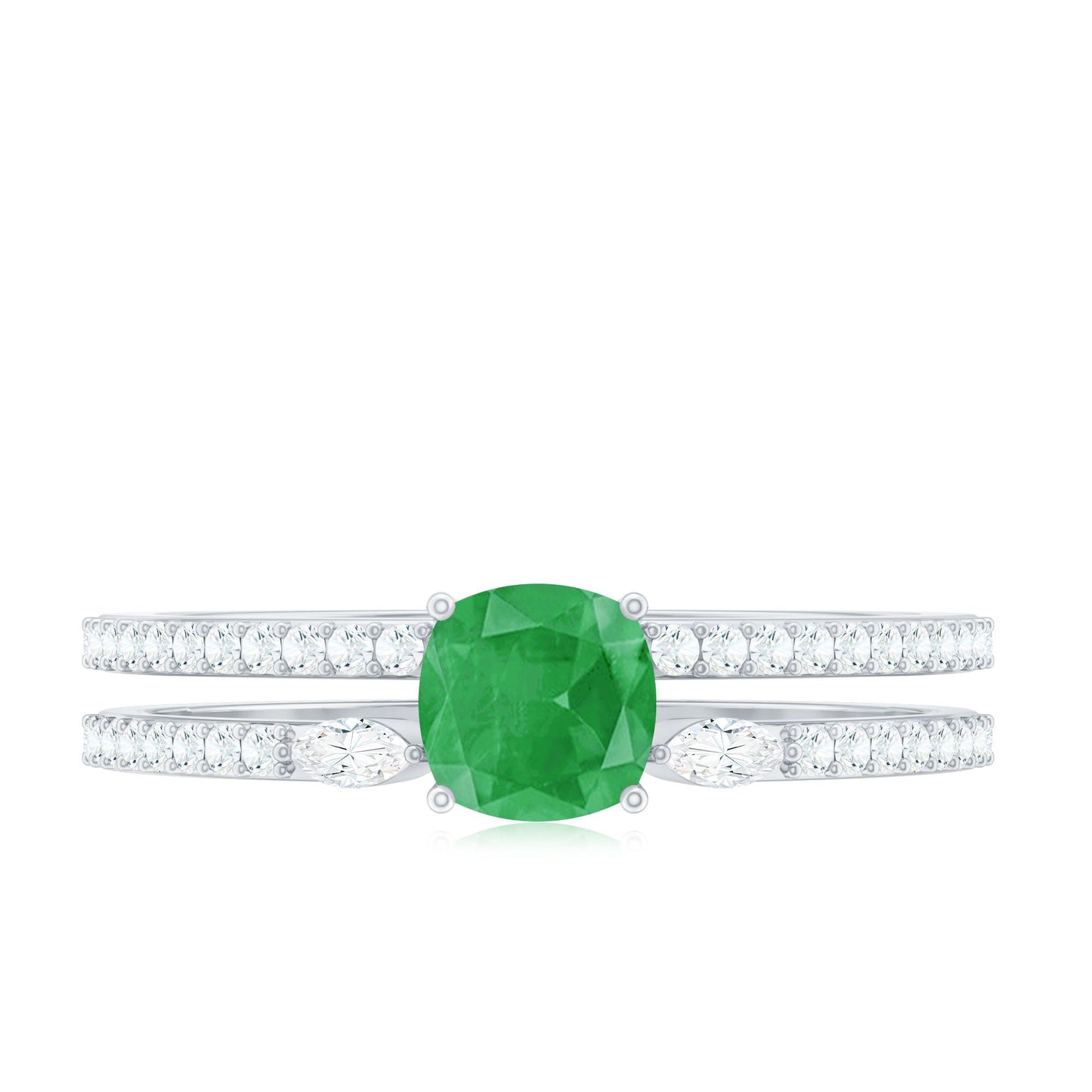 Natural Cushion Cut Emerald Diamond Double Band Engagement Ring