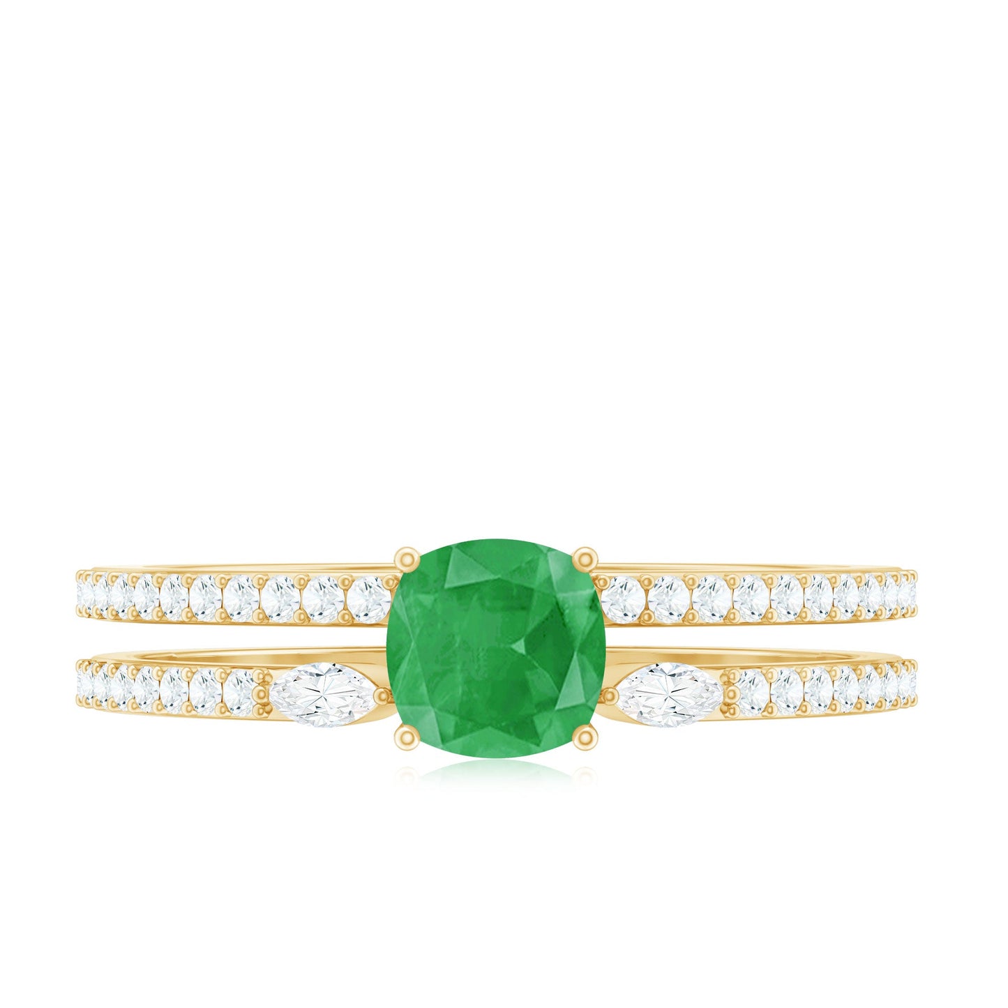 Natural Cushion Cut Emerald Diamond Double Band Engagement Ring