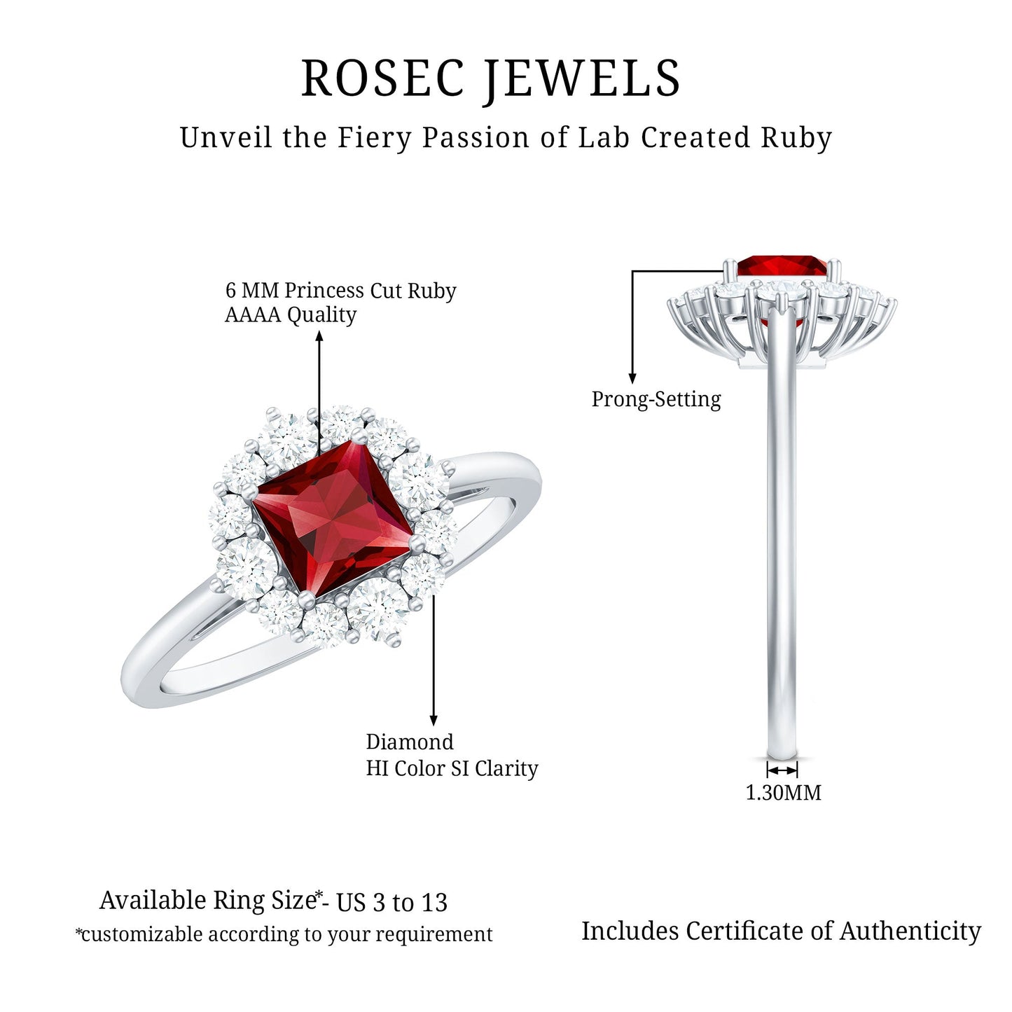 Certified Lab Grown Ruby Princess Cut Engagement Ring with Diamond Halo