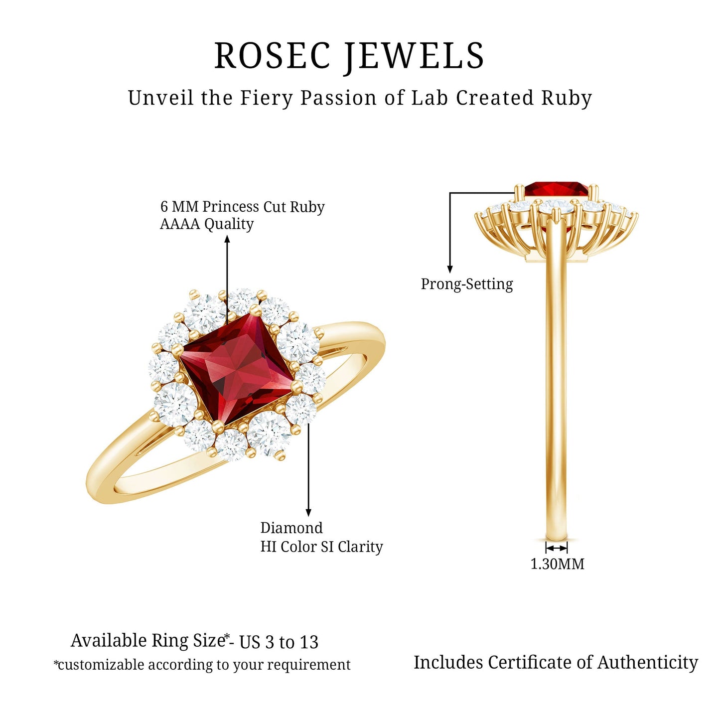 Certified Lab Grown Ruby Princess Cut Engagement Ring with Diamond Halo