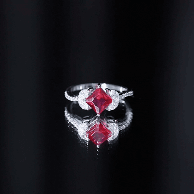 Princess Cut Lab Grown Ruby Solitaire Ring with Diamond