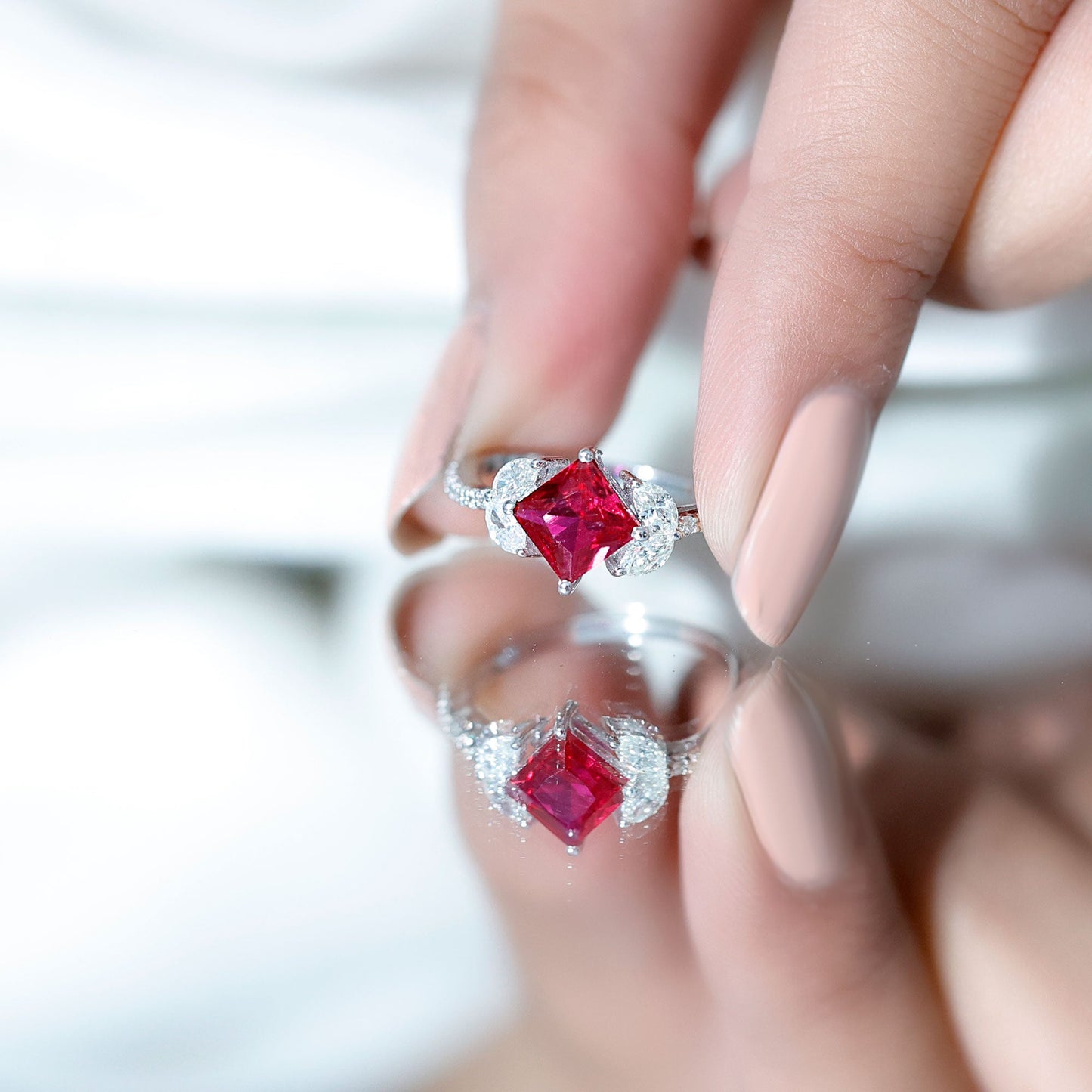 Princess Cut Lab Grown Ruby Solitaire Ring with Diamond