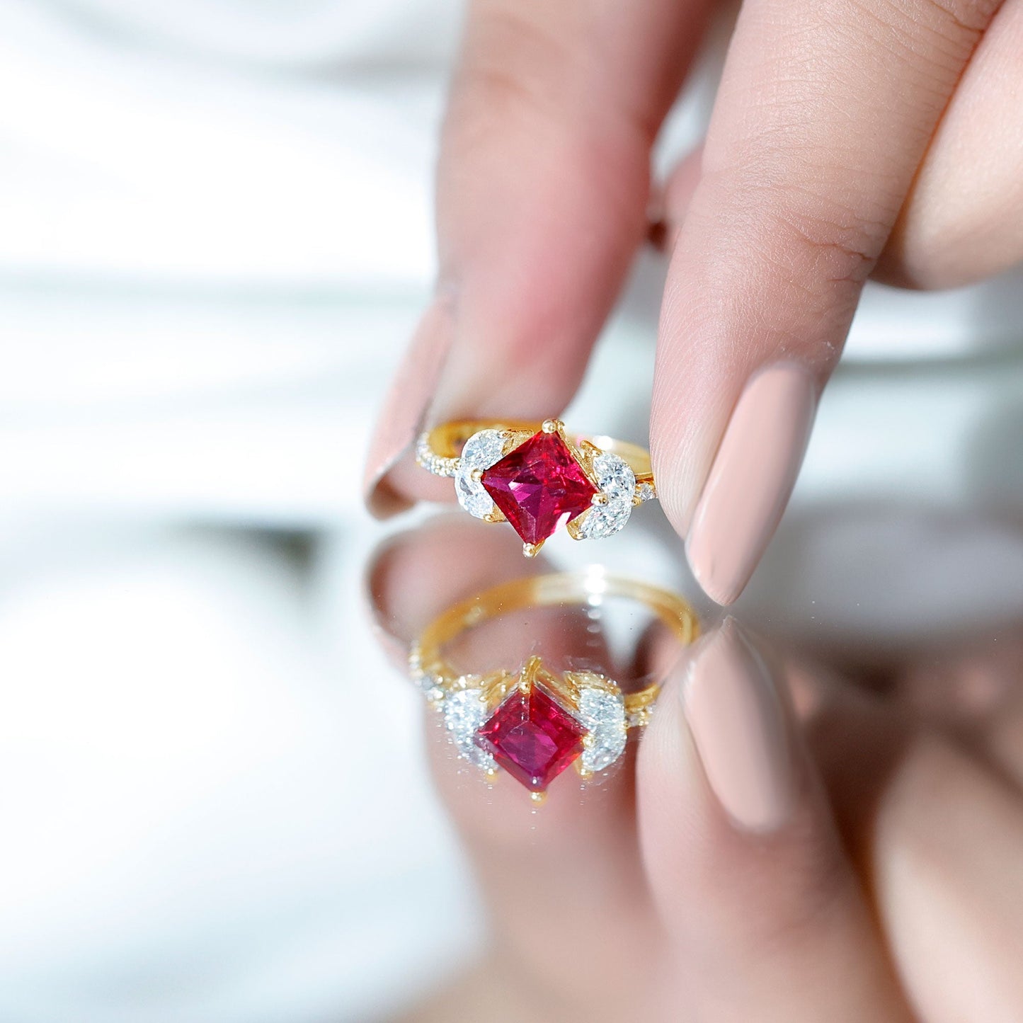 Princess Cut Lab Grown Ruby Solitaire Ring with Diamond