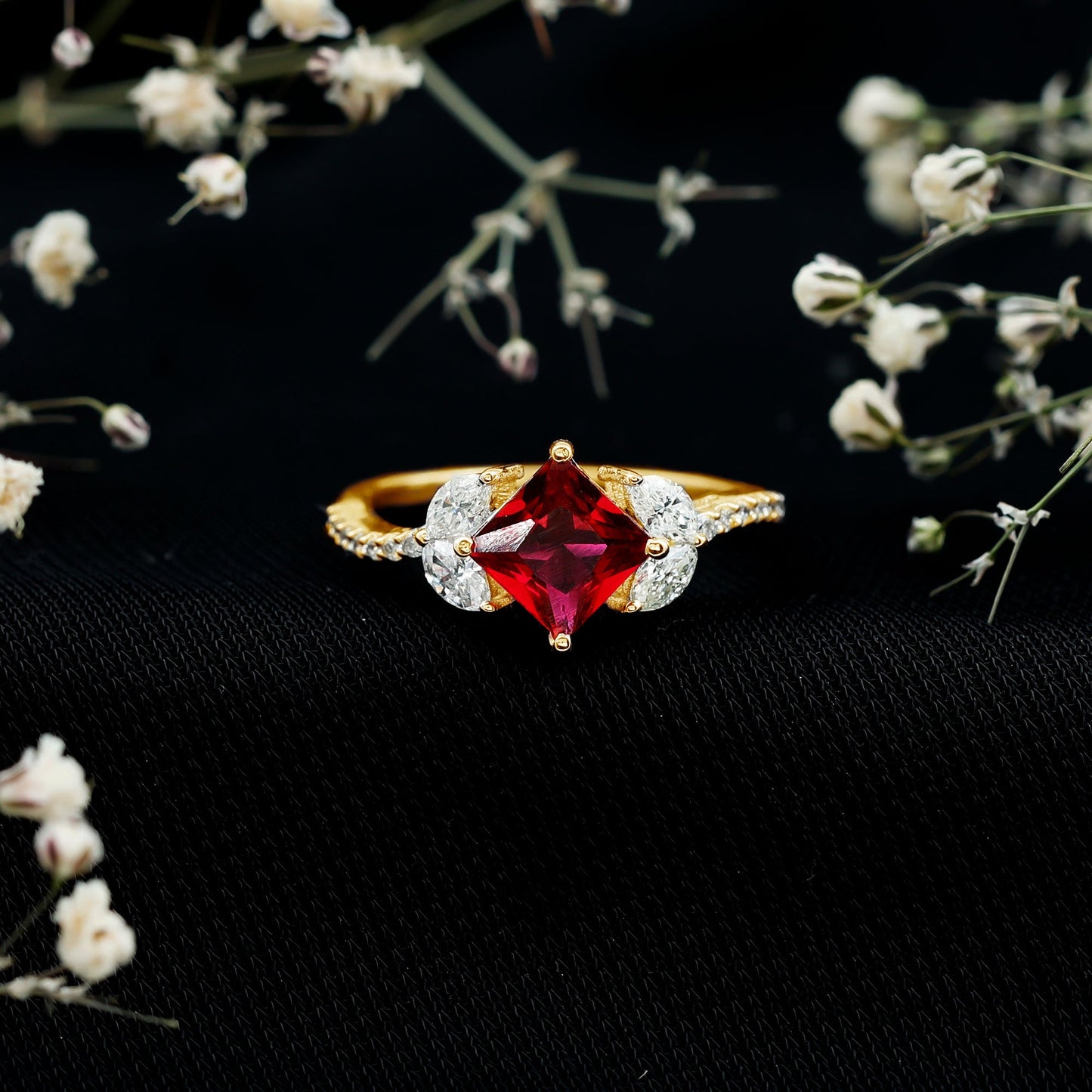 Princess Cut Lab Grown Ruby Solitaire Ring with Diamond